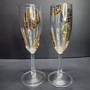 Vintage Champagne Toasting Flutes Painted in Gold 7.75'' Tall - Set Of 2
